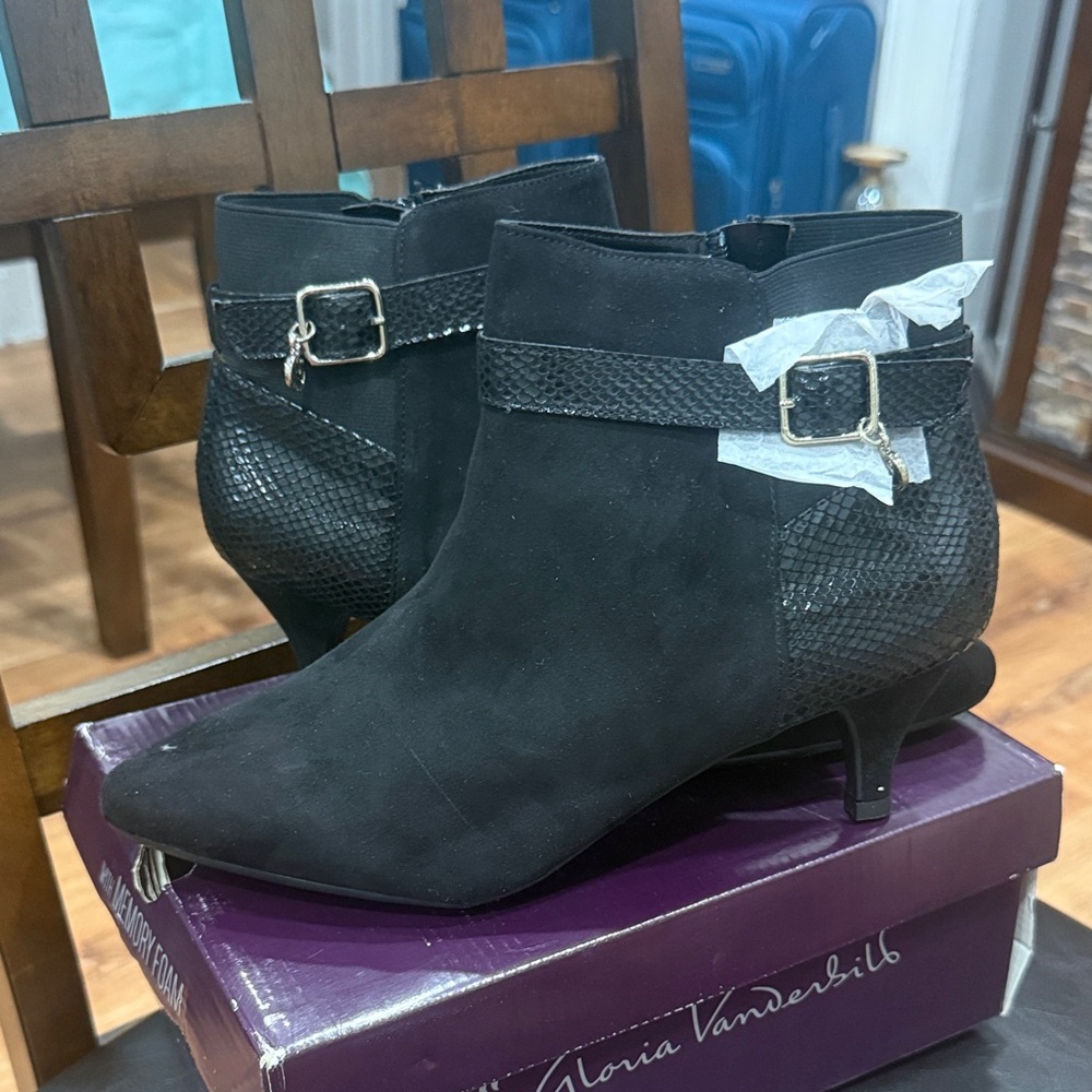 Gloria Vanderbilt Black Suede Ankle Booties with Buckle Accent